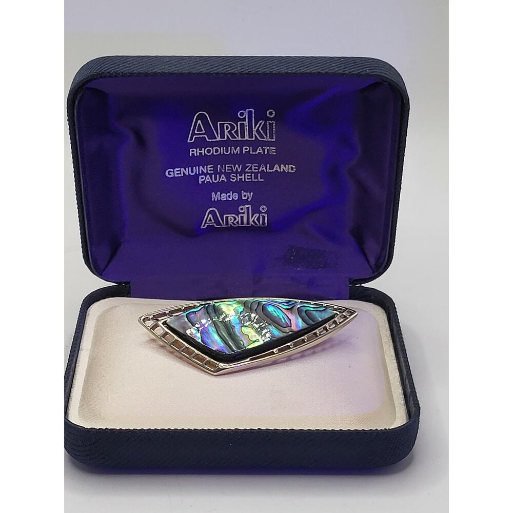Vintage Ariki Paua Shell Brooch Rhodium Plate New Zealand w Box